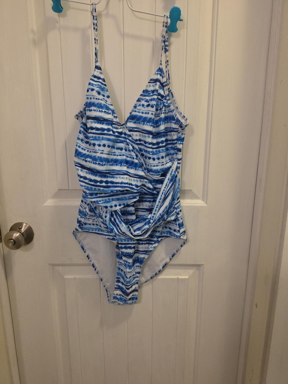 Nicole Miller Blue & White Tie-Dye Wrap One-Piece Swimsuit